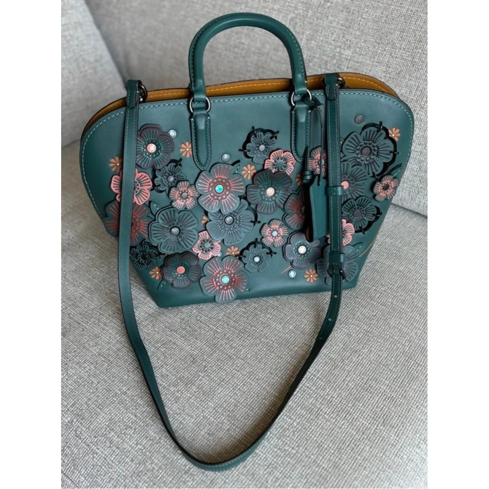 Coach 1941 Rogue 31 Tea Rose Applique Green Leather Satchel Shoulder Bag 58124 - Picture 3 of 5